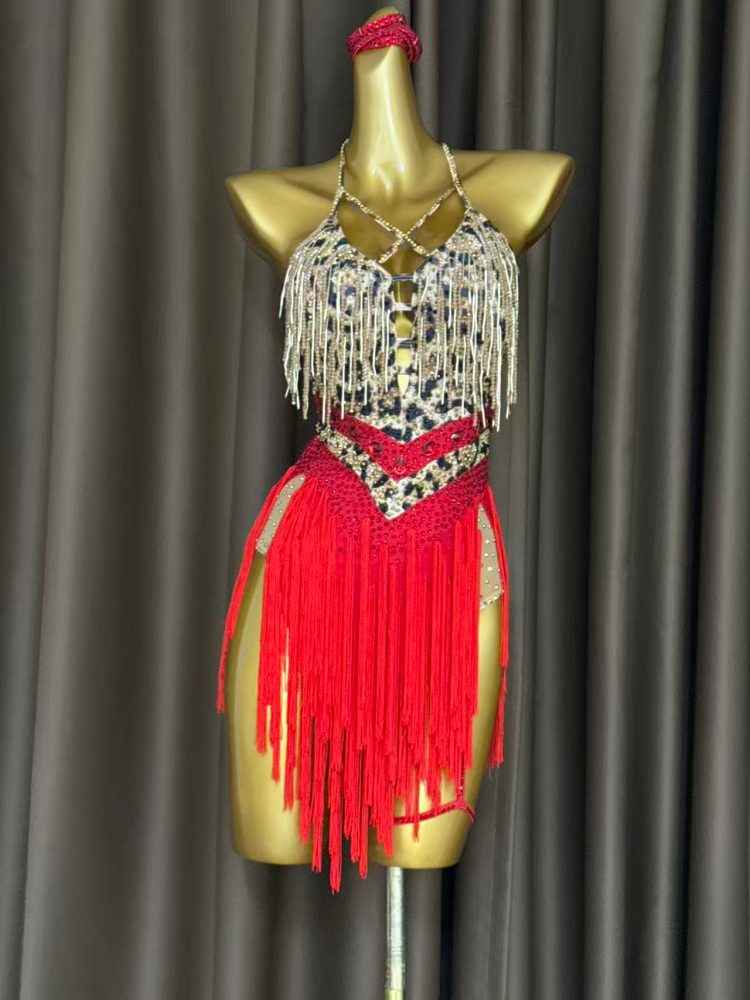 Custom Size Leopard Competition Crystal Latin Dance Dress with Red Tassel Skirt