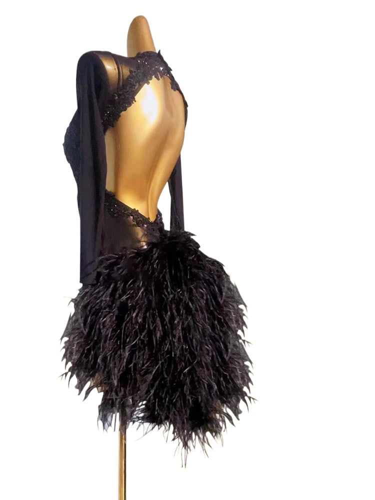 Custom Size Competition Latin Dance Dresses for Women Girls Feather Blue Black Salsa Rumba Chacha Dance Costumes