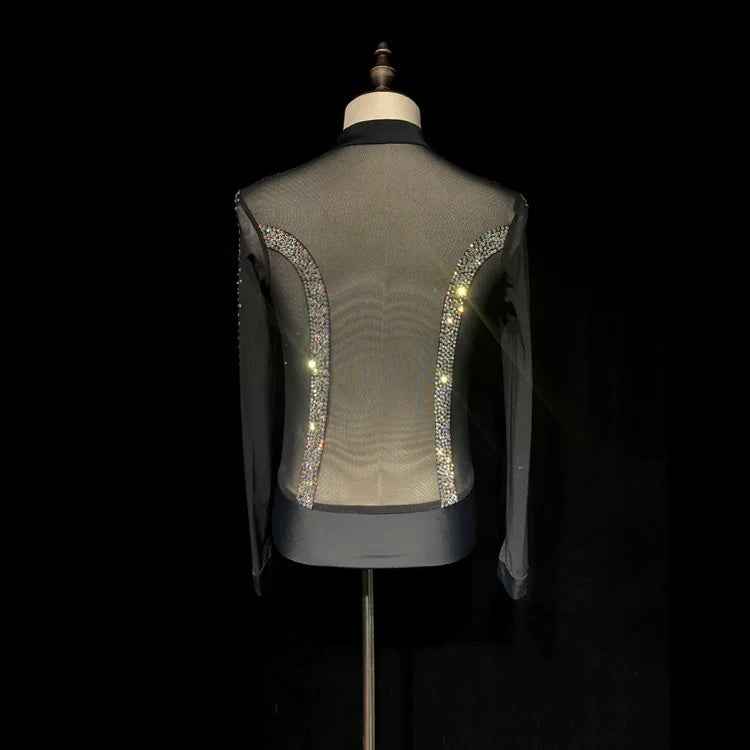 Custom Size Black Mesh Crystal Competition Latin Ballroom Dance Shirts Waltz Tango Performance Body Top
