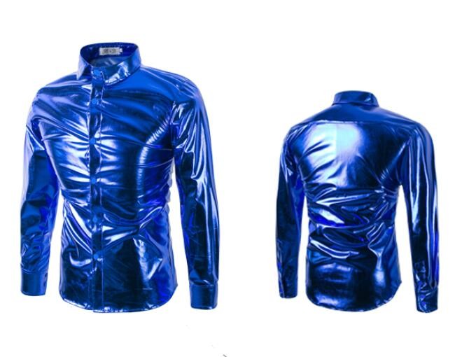 Metallic glossy shirt silver gold shirt men's long sleeve flash bar nightclub annual performance show clothing tide - Moderndancedress.com