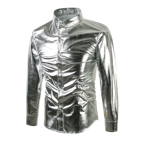 Metallic glossy shirt silver gold shirt men's long sleeve flash bar nightclub annual performance show clothing tide - Moderndancedress.com