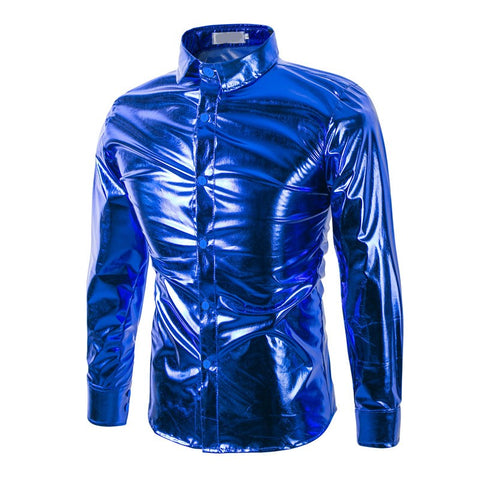Metallic glossy shirt silver gold shirt men's long sleeve flash bar nightclub annual performance show clothing tide - Moderndancedress.com