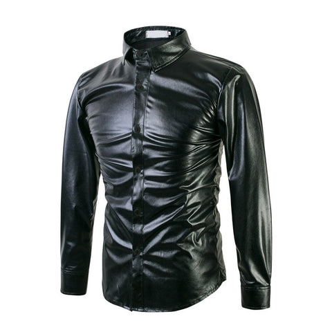 Metallic glossy shirt silver gold shirt men's long sleeve flash bar nightclub annual performance show clothing tide - Moderndancedress.com