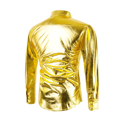Metallic glossy shirt silver gold shirt men's long sleeve flash bar nightclub annual performance show clothing tide - Moderndancedress.com