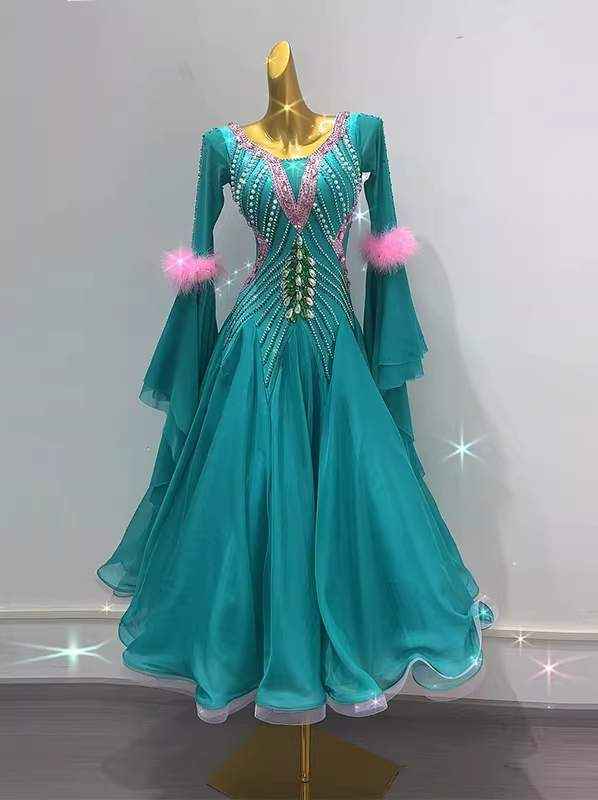 Customized Size Turquoise Pink Ballroom Dance Dresses Waltz Tango Smooth Dance Long Gown