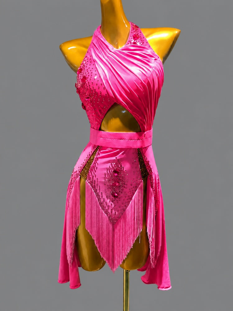 Custom Competition Aqua Blue Latin Dance Dress with Crystals & Fringe