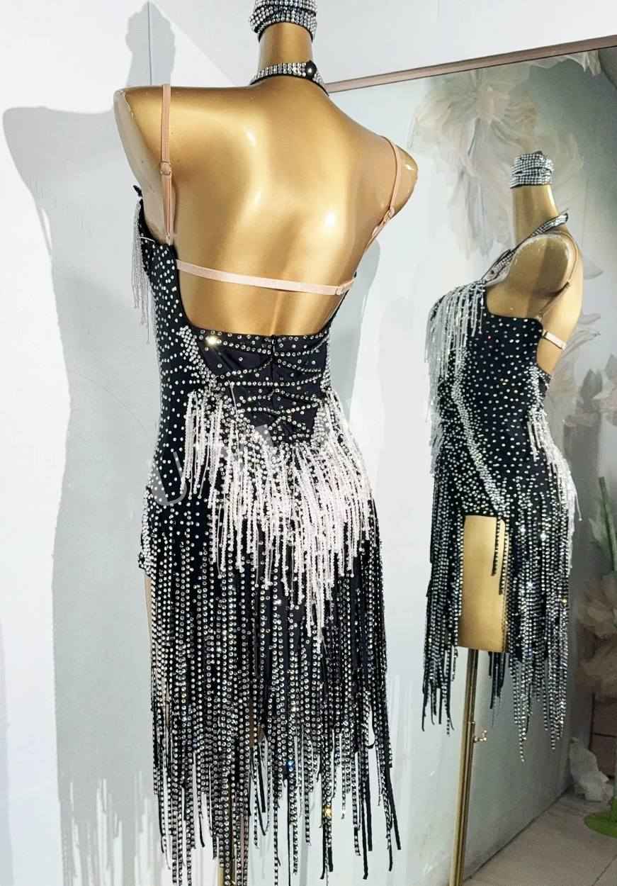Custom Size Sparkly Black Latin Dance Dress with White Crystal Fringe for Women