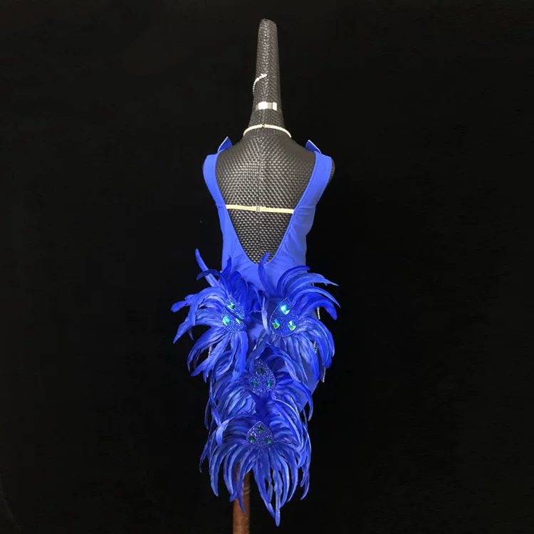 Custom Size Royal Blue Feather Latin Dance Dress - Luxury Rhinestone Petals Competition Outfit