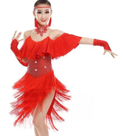 Girl bright diamond tassel Latin dance dress children's Latin competition clothing Children'sprofessional Latin dance dress - 