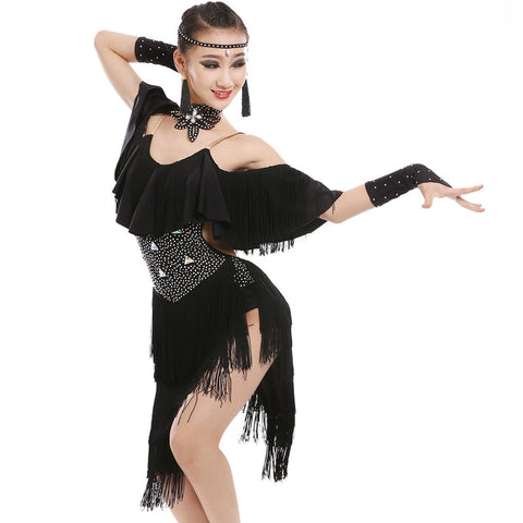 Girl bright diamond tassel Latin dance dress children's Latin competition clothing Children'sprofessional Latin dance dress - Moderndancedress.com