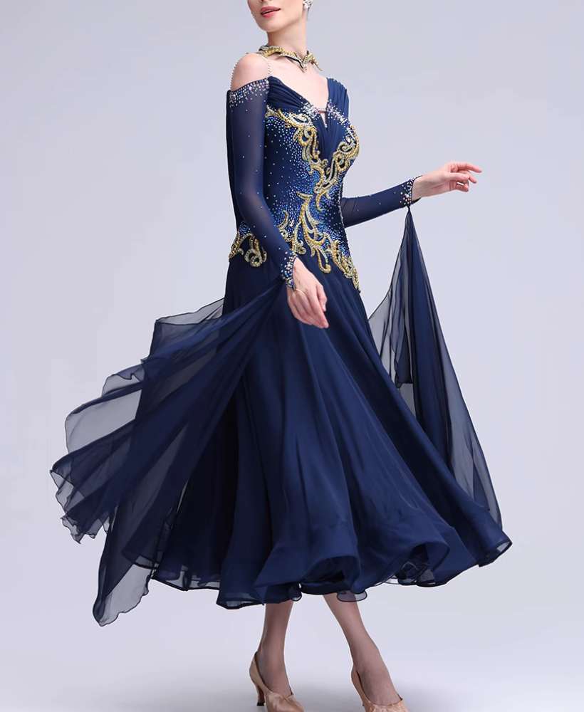Custom Size Women's Ballroom Dance Dresses Navy with Gold Diamond Waltz Tango Rhythm Dance Gown - Moderndancedress.com