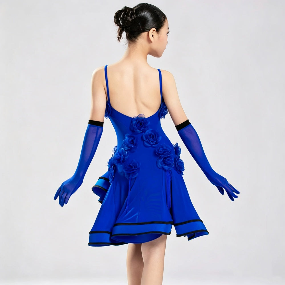 Girls Blue Flowers Latin Dance Dress for Kids Ballroom Salsa Chacha Art Test Regulations Costume