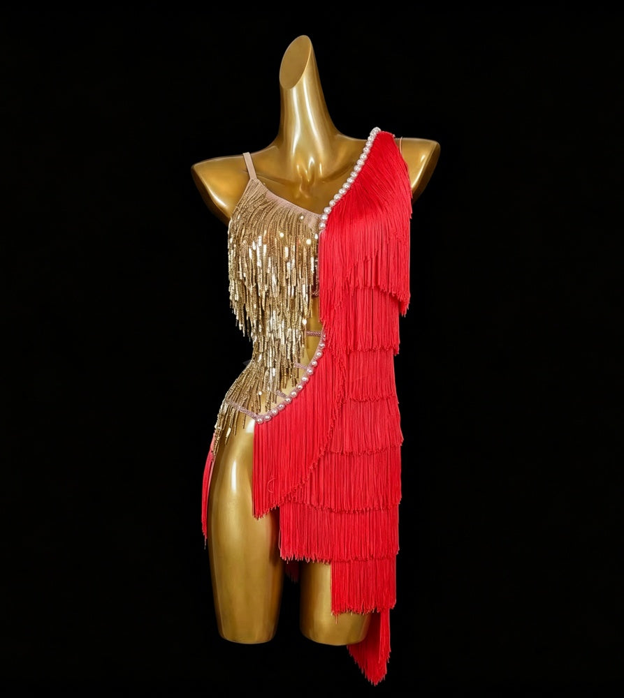 Custom Size Emerald Green Latin Dance Dress - Gold Sequins & Fringe Performance Outfit | Black & Red