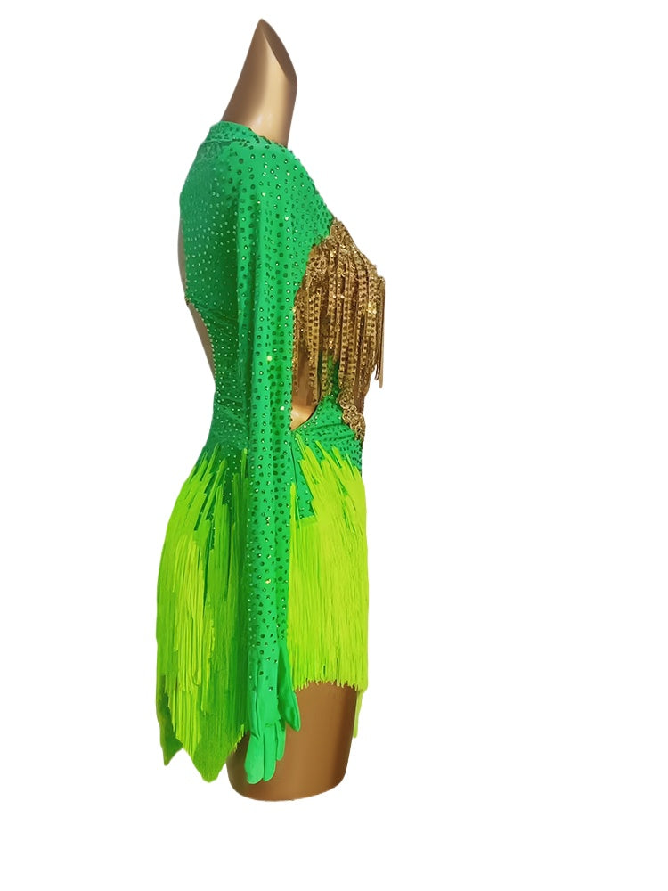 Custom Size Green Fringe Competition Latin Dance Dresses for Women Girls Salsa Rumba Chacha Performance Costumes - Moderndancedress.com