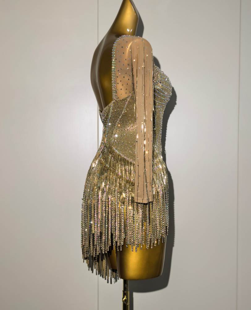 Custom Gold Fringe Latin Competition Dress with Sparkly Crystals