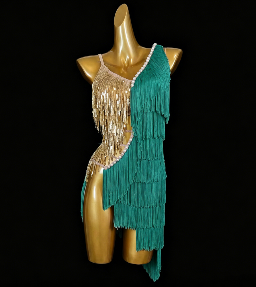 Custom Size Emerald Green Latin Dance Dress - Gold Sequins & Fringe Performance Outfit | Black & Red