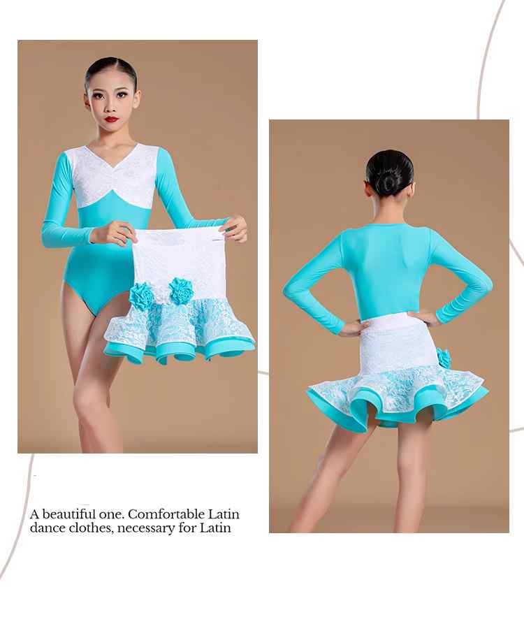 Turquoise White Lace Patchwork Latin Dance Dresses for Girls Kids Children Slasa Rumba Chacha  Long Sleeve Lace Performance Outfits - Moderndancedress.com
