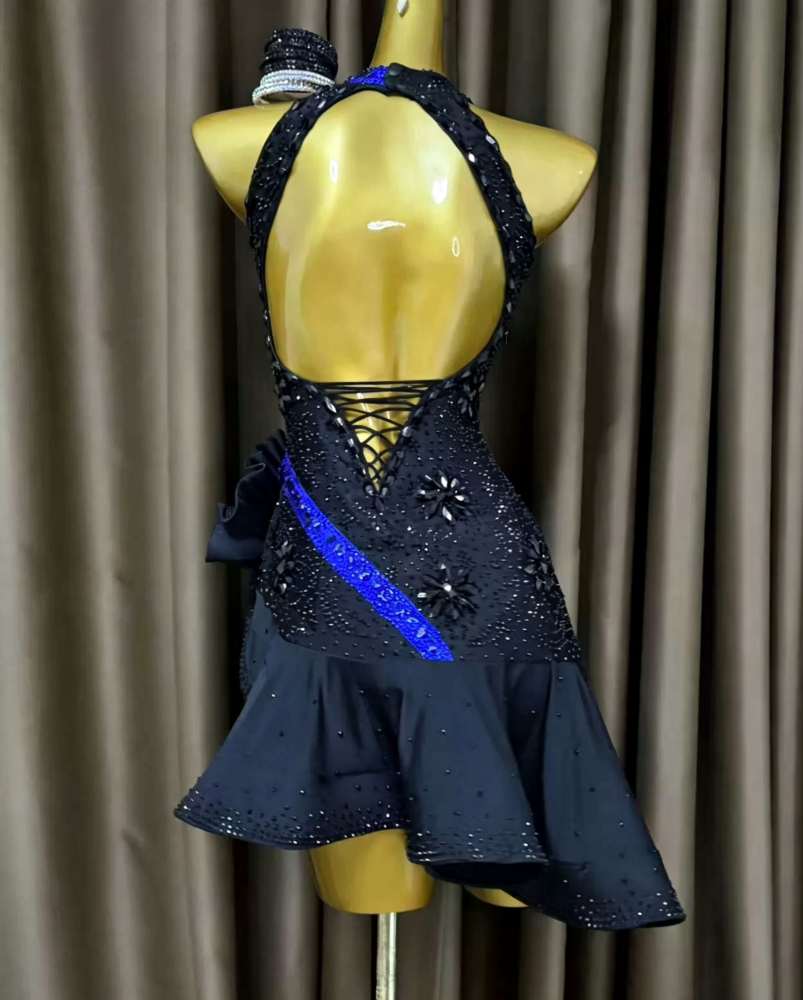 Custom Slant Neck Red Latin Dance Dress with Yellow Stripe & Rhinestones Salsa Wear