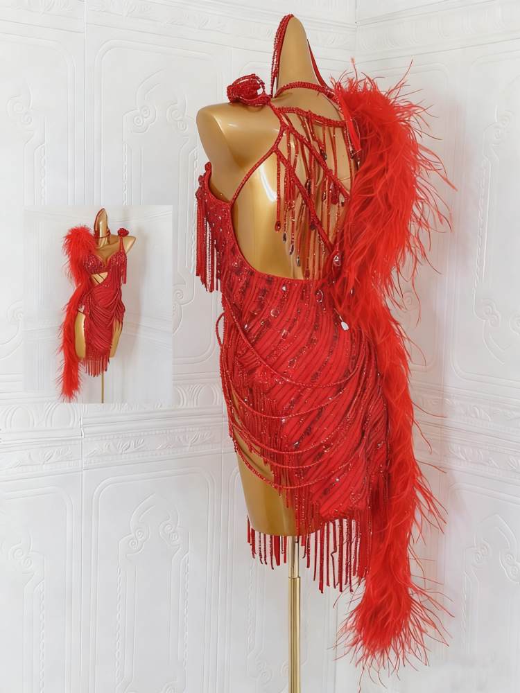 Custom Size Red Feather Competition Latin Dance Dresses for Women Girls Pink Salsa Rumba Chacha Samba Dance Costumes