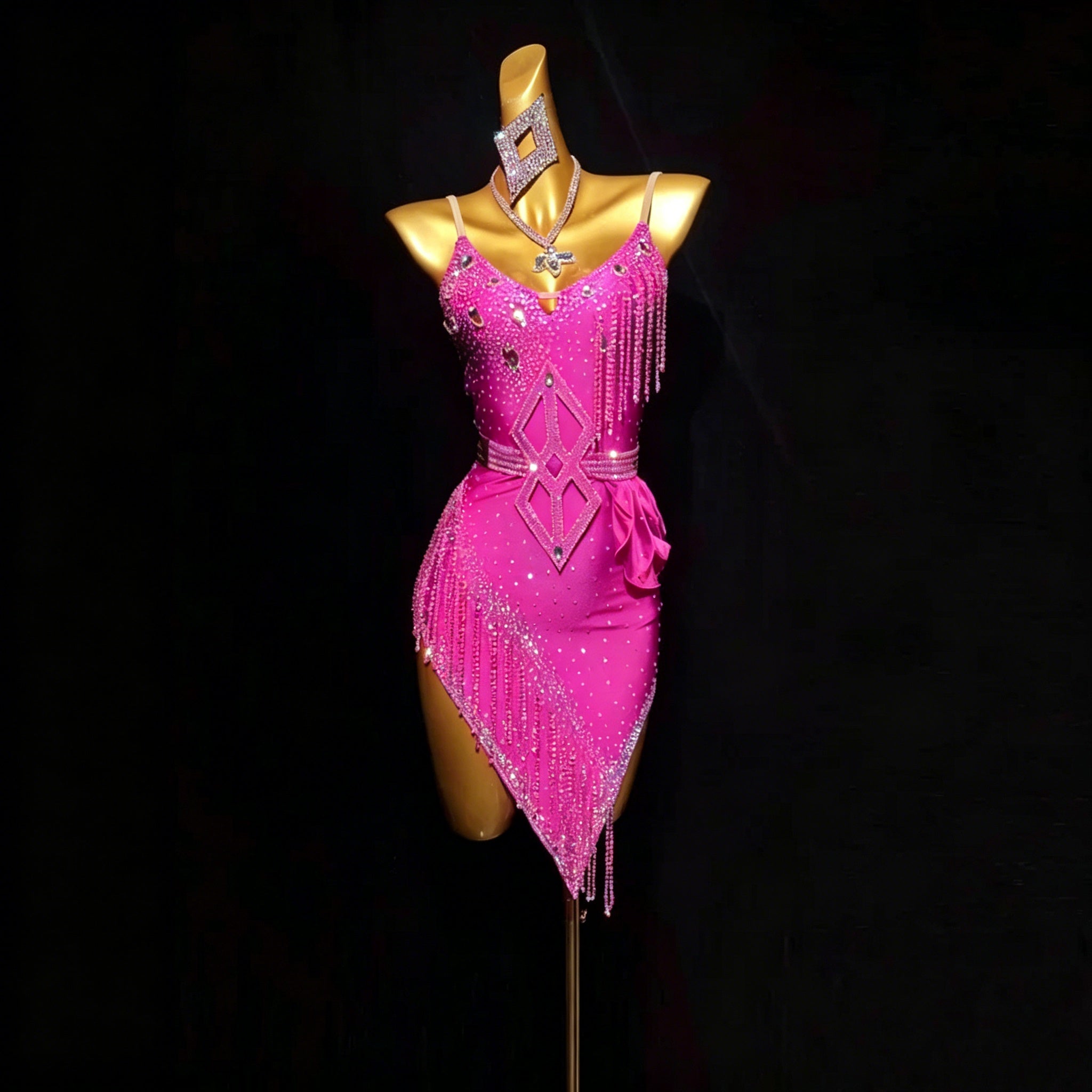 Custom Size Violet Fuchsia Competition Latin Dance Crystal Fringe Inclined Skirt Salsa Chacha Dance Wear