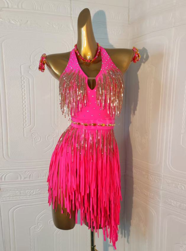 Custom Size Pink Gold Fringe Competition Latin Dance Dresses for Women Girls Salsa Rumba Chacha Samba Ballroom Dance Wear