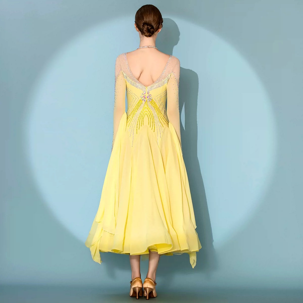 Custom Yellow Ballroom Dance Dress Rhinestone Waltz Foxtrot Smooth Competition Gown