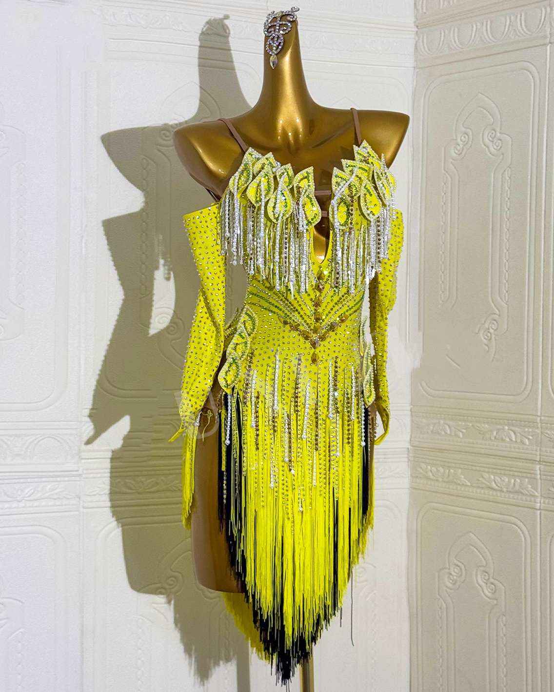 Custom Size Wome's Yellow Latin Dance Dresses Petals Fringe Bling Salsa Costumes