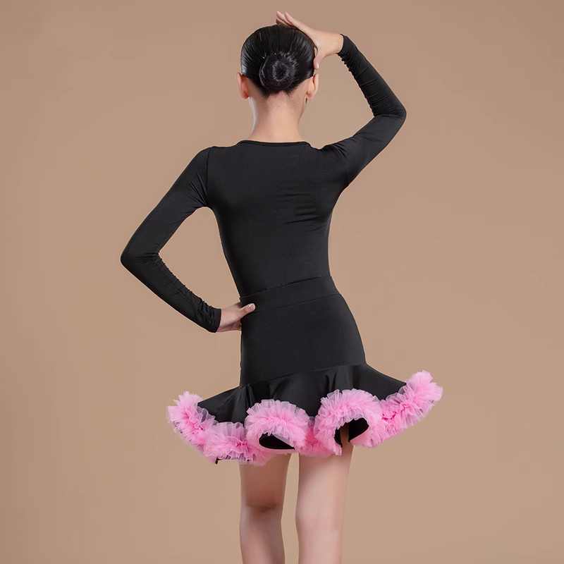 Children's Black with Pink Ruffles Latin Dance Dresses Salsa Rumba Chacha Performance Costumes Girls Party Performance Outfits - Moderndancedress.com
