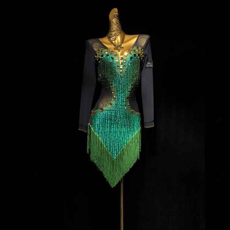 Custom Size Competition Latin Dance Dresses for Women Green with Gold Diamond Salsa Rumba Latin Dance Costume