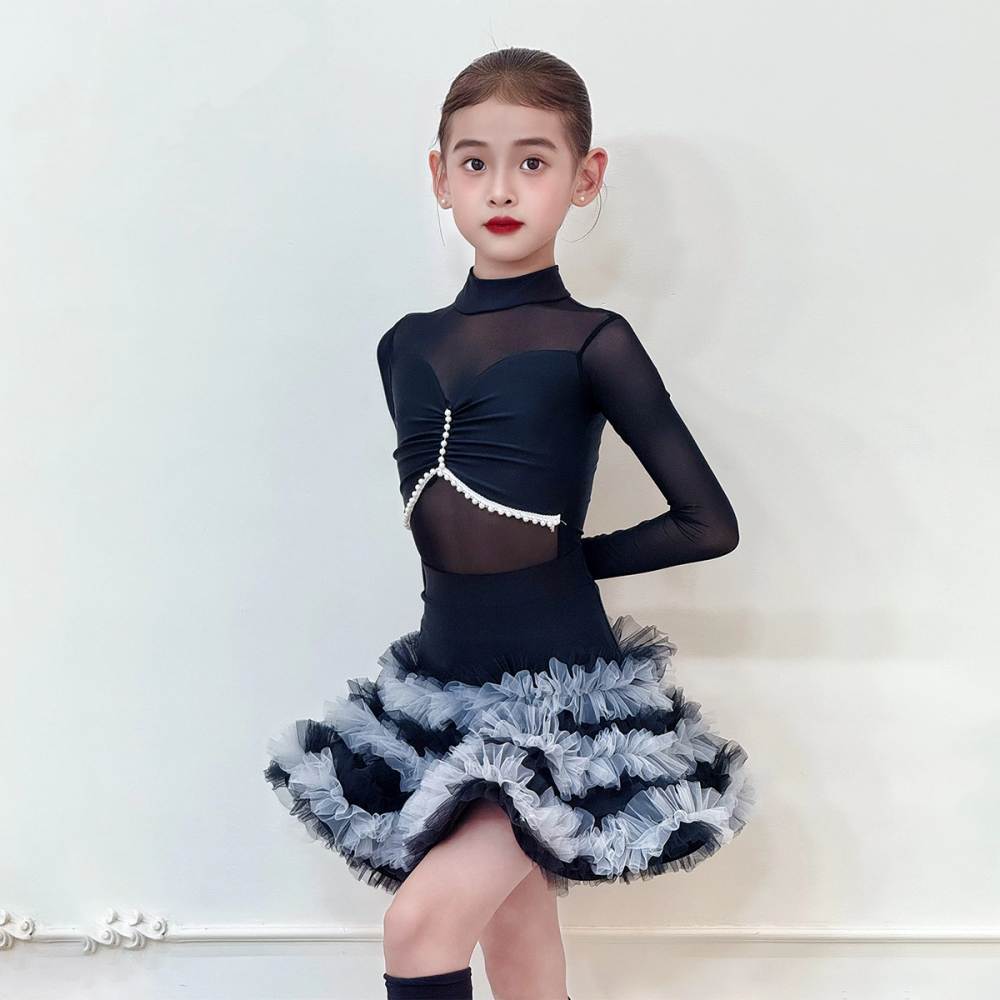 Girls Latin Dance Dress Blue Black Ruffles Skirts Ballroom Salsa Dance Costumes