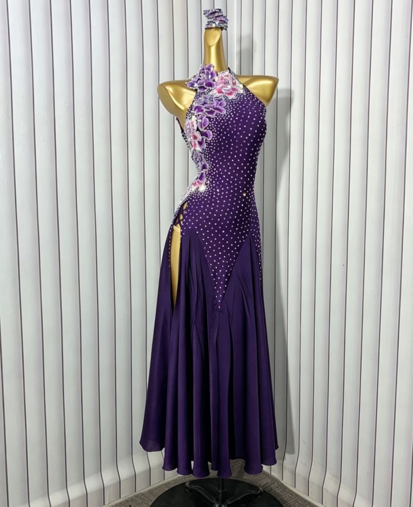 Custom Size Dark Purple American Smooth Dance Dress Competition Floral Ballroom Dance Gowns
