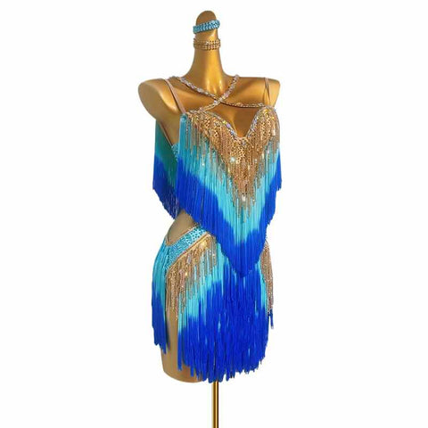 Custom Size Blue Gold Gradient Bling Fringe Competition Latin Dance Dresses for Women Girls Kids Salsa Rumba Chacha Performance Skirts
