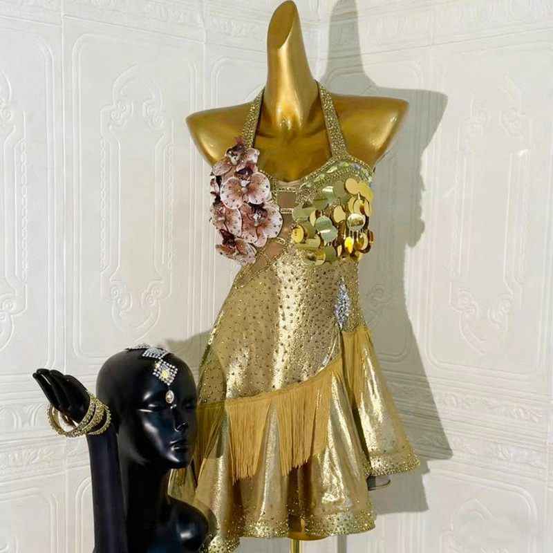 Custom Size Gold Bling Latin Dance Dresses for Women Girls Salsa Rumba Chacha Ballroom Dance Costumes
