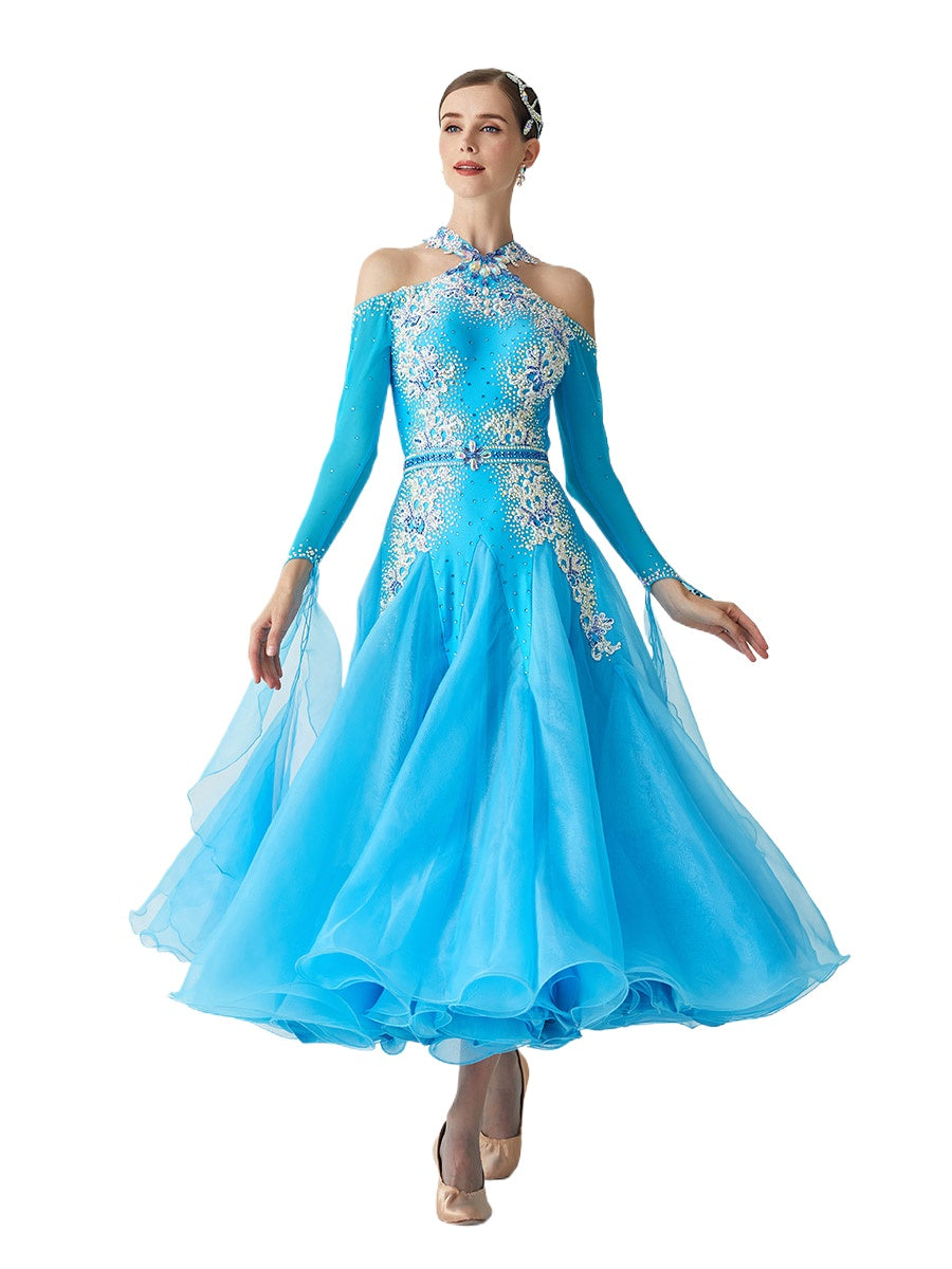 Custom Size Competition Ballroom Dance Dresses for Women Turquoise Color Hollow Shoulder Waltz Tango Foxtrot Rhythm National Dance Gown - Moderndancedress.com