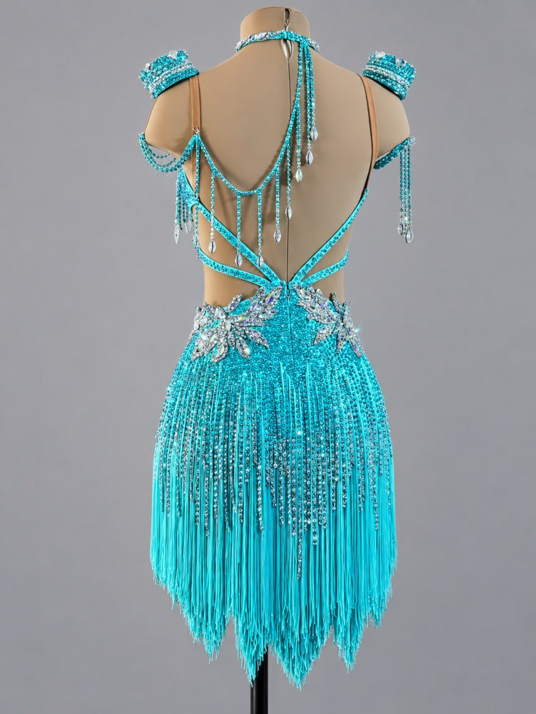 Custom Turquoise Latin Dance Competition Dress - Custom Rhythm & Salsa Fringe Gown