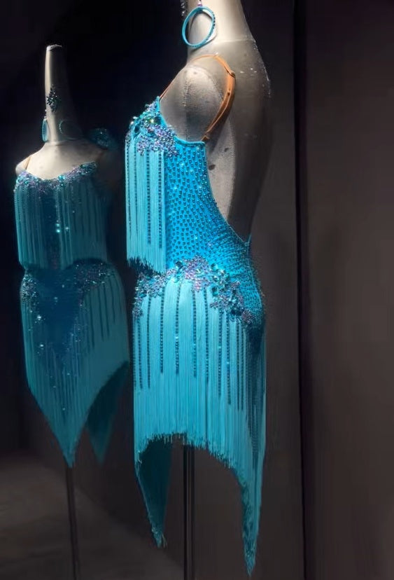 Custom Size Turquoise Fringe Latin Dance Dress with Sparkling Crystals