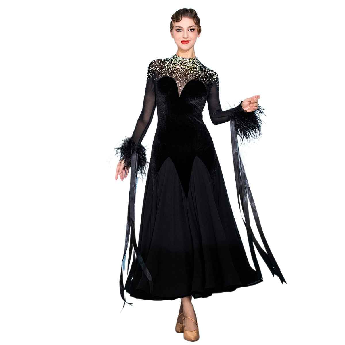 Competition Black Velvet Ballroom Dance Dresses for Women Girls Feather Bling Waltz Tango Modern Dance Skirt