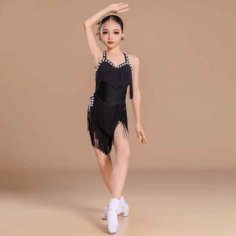 Girls Latin Dance Dresses Pink Black Fashion Pearl Fringed Latin Salsa Rumba Chacha Performance Costumes
