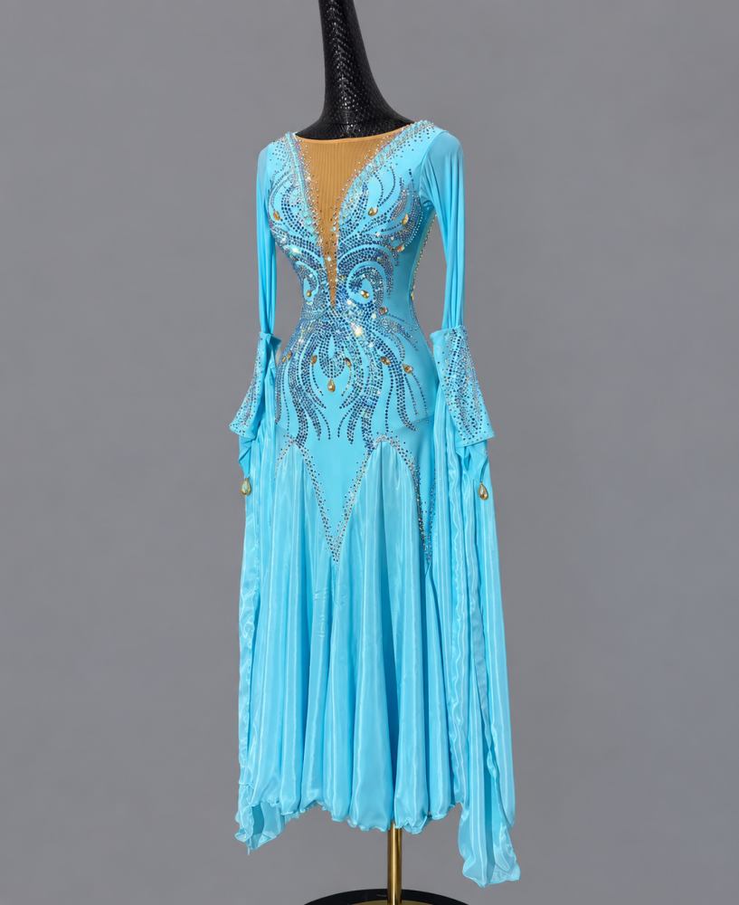 Custom Blue American Smooth Dress Ballroom Competition Gown