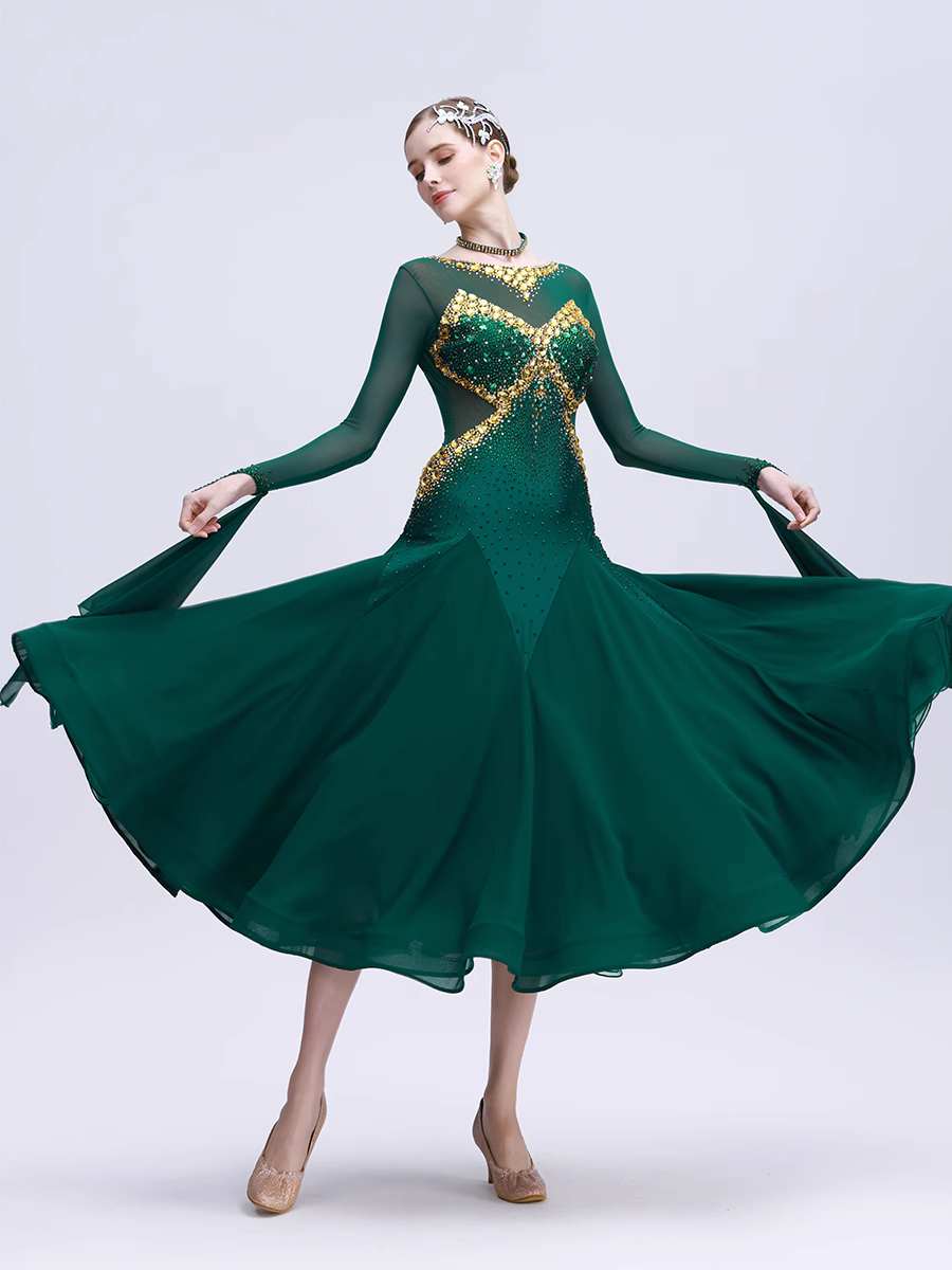 Custom Size Dark Green Competition Ballroom Dance Dresses for Women Girls Gold Rhinestones Float Sleeves Waltz Tango Dance Gown