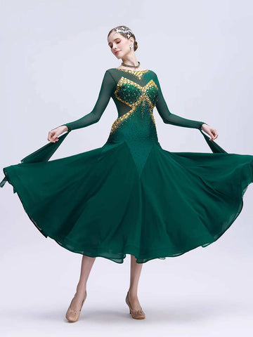 Custom Size Dark Green Competition Ballroom Dance Dresses for Women Girls Gold Rhinestones Float Sleeves Waltz Tango Dance Gown