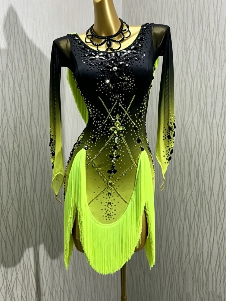 Custom Ombre Black Lime Green Latin Dress | Cha Cha & Salsa Dancewear
