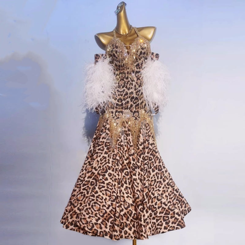 Custom Size Feather Competition Ballroom Dance Dress Leopard Blue Smooth Waltz Dance Costumes