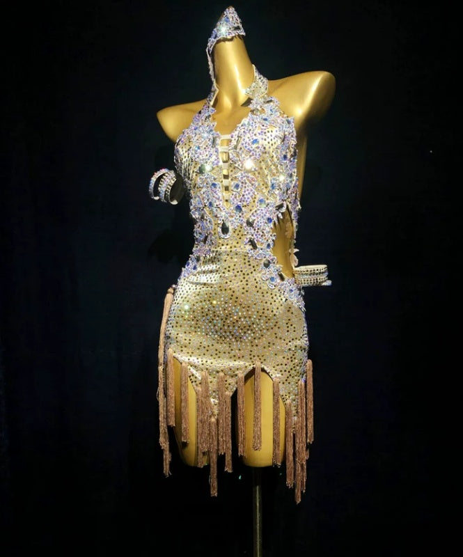 Custom Size Competition Gold Bling Latin Dance Dress Blackpool Stage Performance Costume
