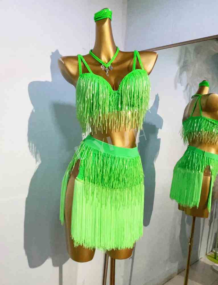 Custom Size Women's Latin Dance Dress Blue Orange Stones Fringe Skirts Salsa Competition Latin Performance