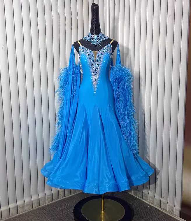 Custom Size Women's Blue Competition Ballroom Dance Dress Ostrich Feather Floats