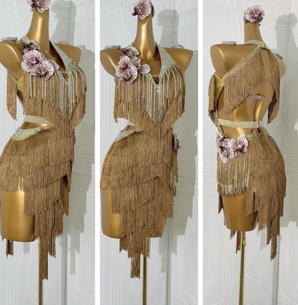 Custom Gold Fringe Latin Dance Dresses for Women Girls Flowers Ball Party Salsal Ballroom Dance Costumes