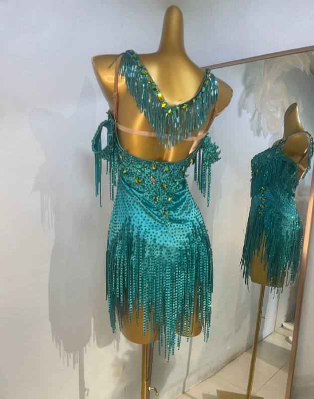 Custom Size Emerald Green with Gold Crystal Latin Dance Dress Competition Blackpool Dance Wear