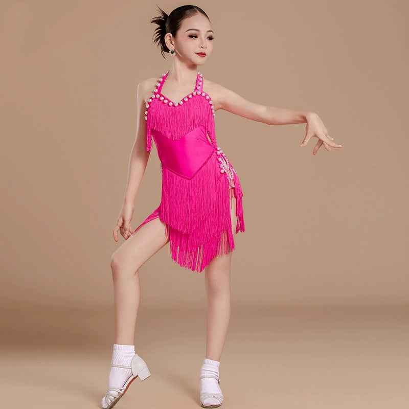 Girls Latin Dance Dresses Pink Black Fashion Pearl Fringed Latin Salsa Rumba Chacha Performance Costumes