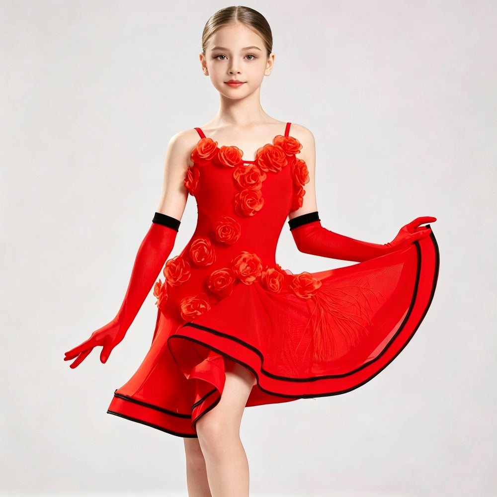 Girls Blue Flowers Latin Dance Dress for Kids Ballroom Salsa Chacha Art Test Regulations Costume